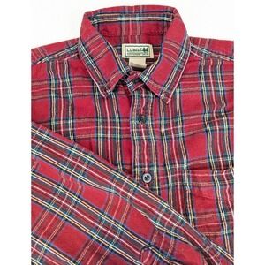 LL Bean Mens Flannel Tartan Plaid Button Down Shirt M REG Red Cotton Warm Casual